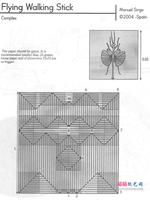 飞行竹节虫手工折纸教程步骤1-www.saybb.net